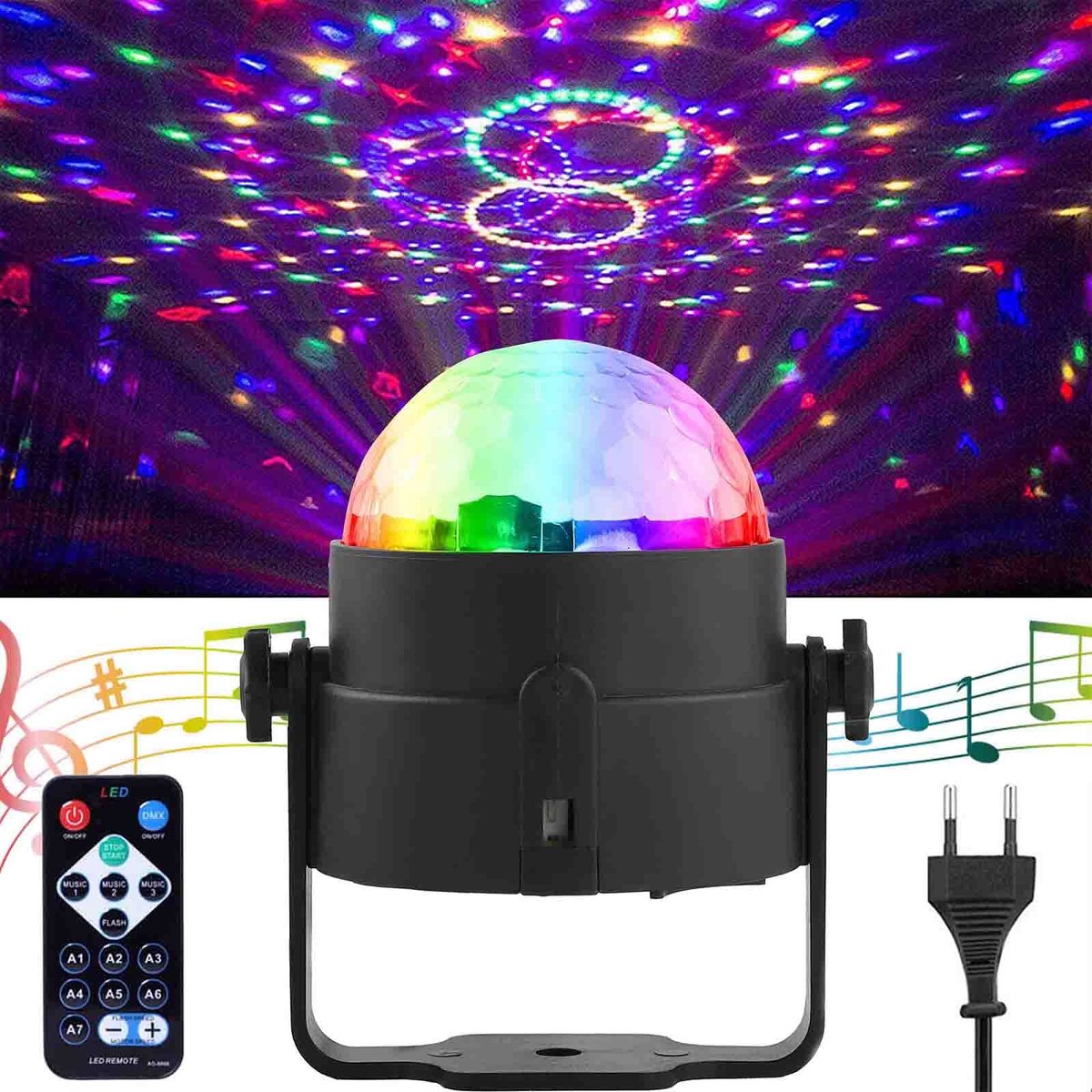 carmdering - Disco Feestverlichting - RGB LED Lamp - DJ Licht - 3 modi (muziek, afstandsbediening, automatisch) - 3W, 540° horizontaal, 250° verticaal - Afstandsbediening, 3 RGB LED's - ABS behuizing, 30-60 m² bereik