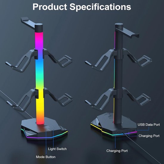 Koptelefoon en Controller Standaard - Gaming Accessoire Houder - Gaming Setup Organiseren - Met RGB Verlichting - Voor 4 Controllers — afbeelding 3