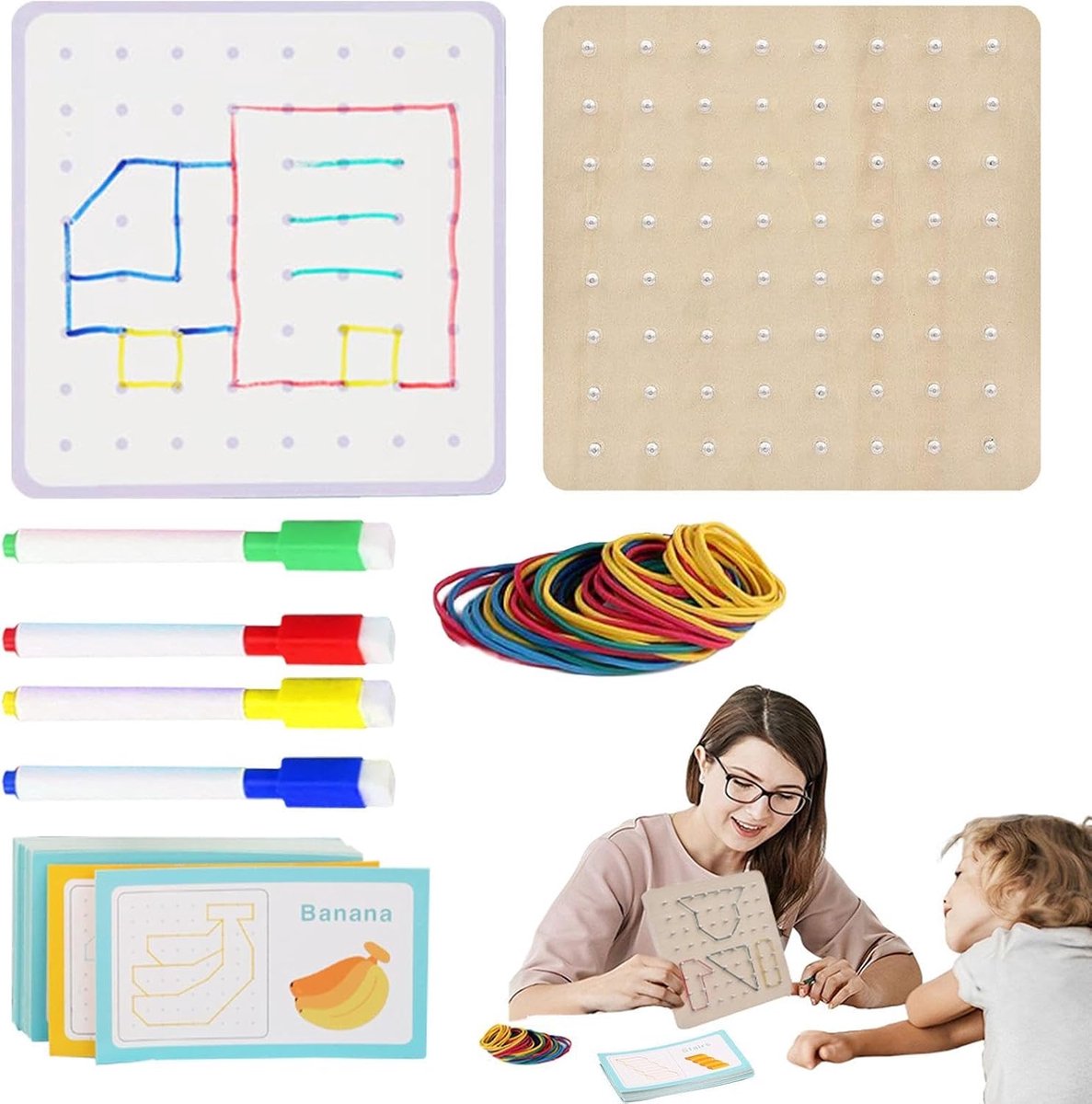 Geo-borden - Wiskunde Puzzelbord - Fijne motoriek oefenen - 64 ingebedde nagels - 18x18 cm - Houtkleur
