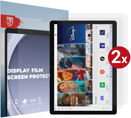 Dubbel verpakte schermprotectors voor tablet. Beelden van tablet met applications. Ultra dun, vuilafstotend, perfecte pasvorm.