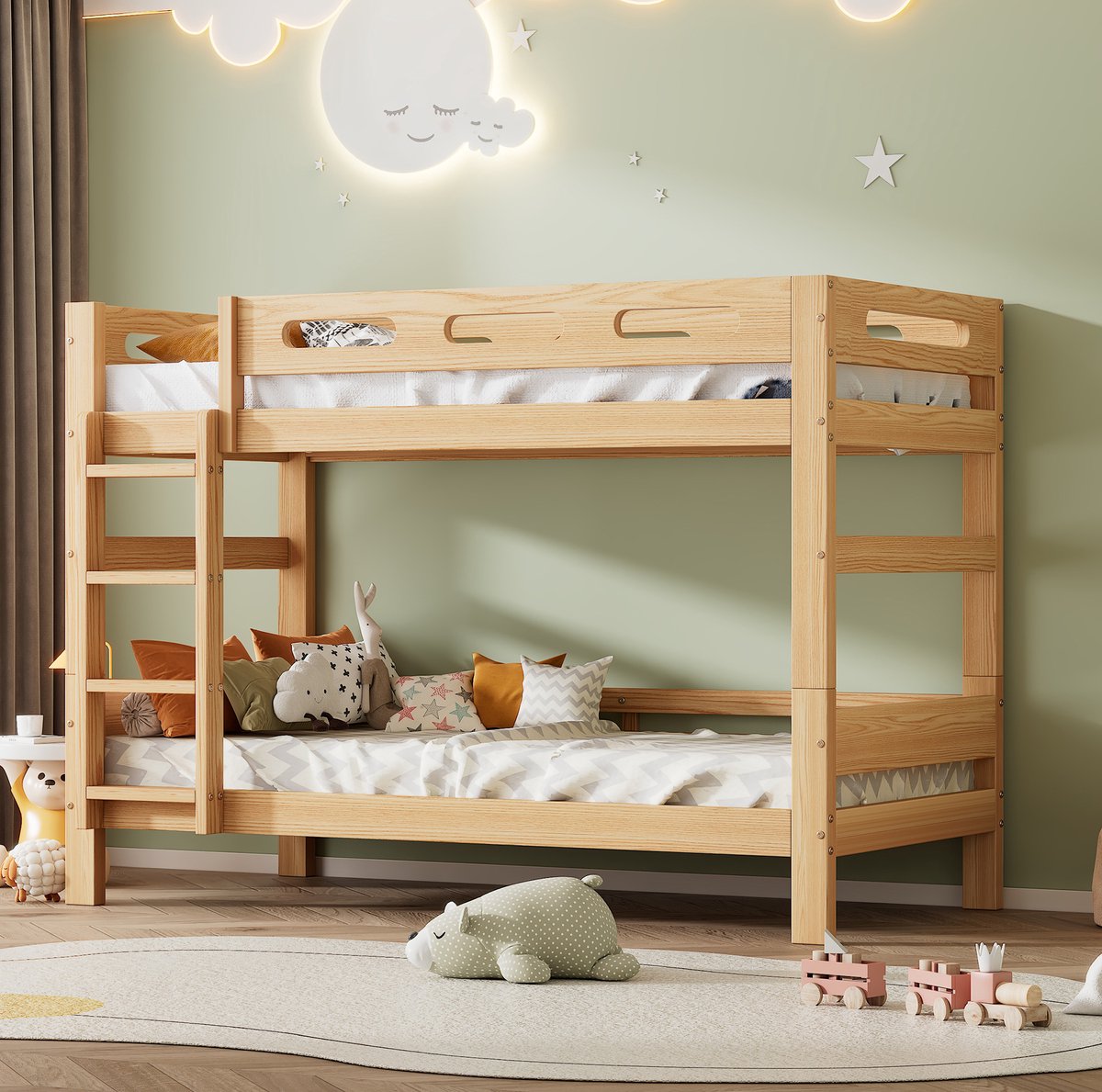 Stapelbedden voor kinderen en tieners, kinderbedden die kunnen worden opgedeeld in twee eenpersoonsbedden, stevig grenen frame, eenvoudig te monteren, natuurlijke materialen, afmetingen 90x200 cm.