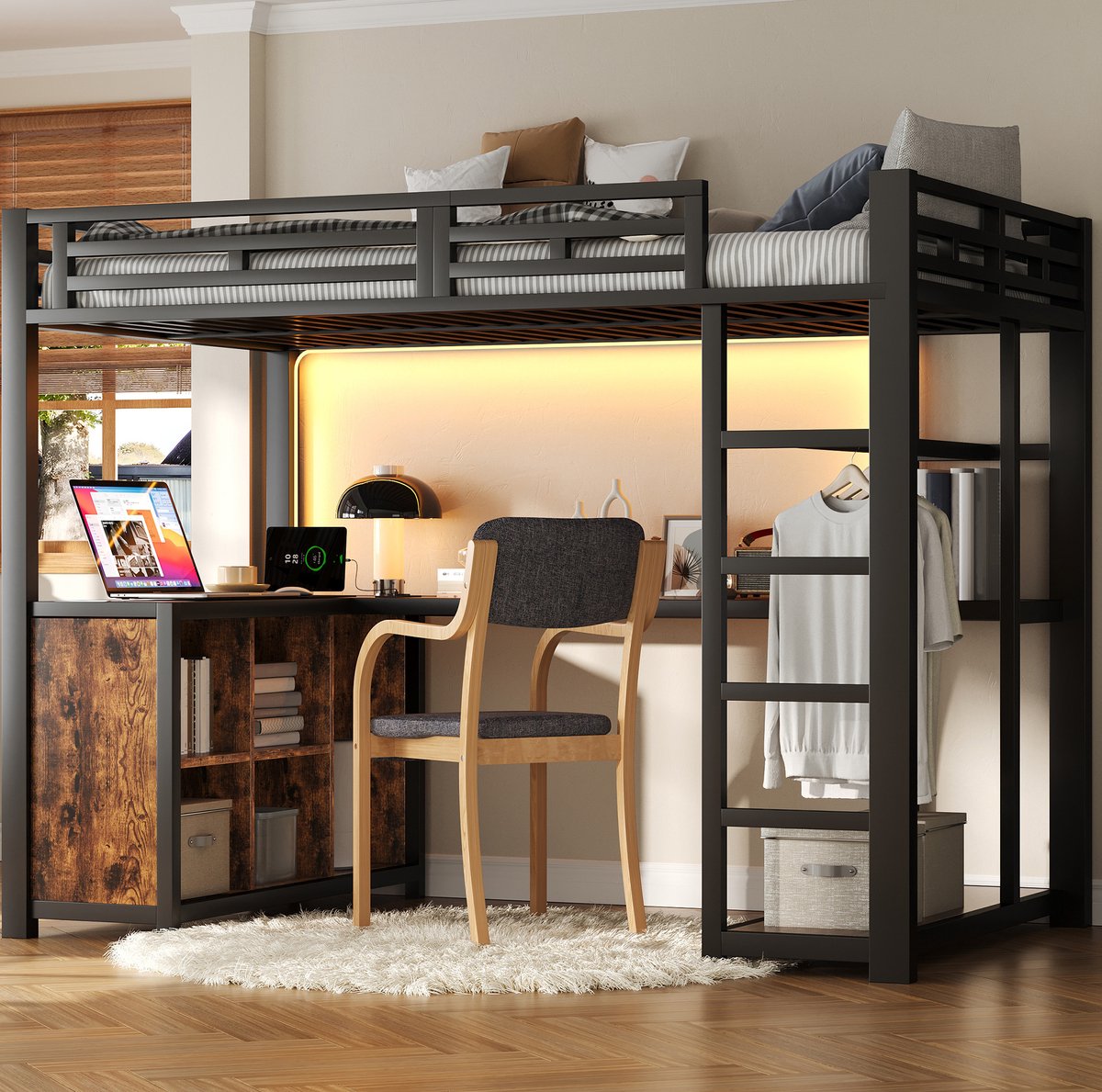 COVREO Hoogslaper 140x200 cm - met bureau, LED-verlichting, USB-aansluitingen en opbergruimte, zwart