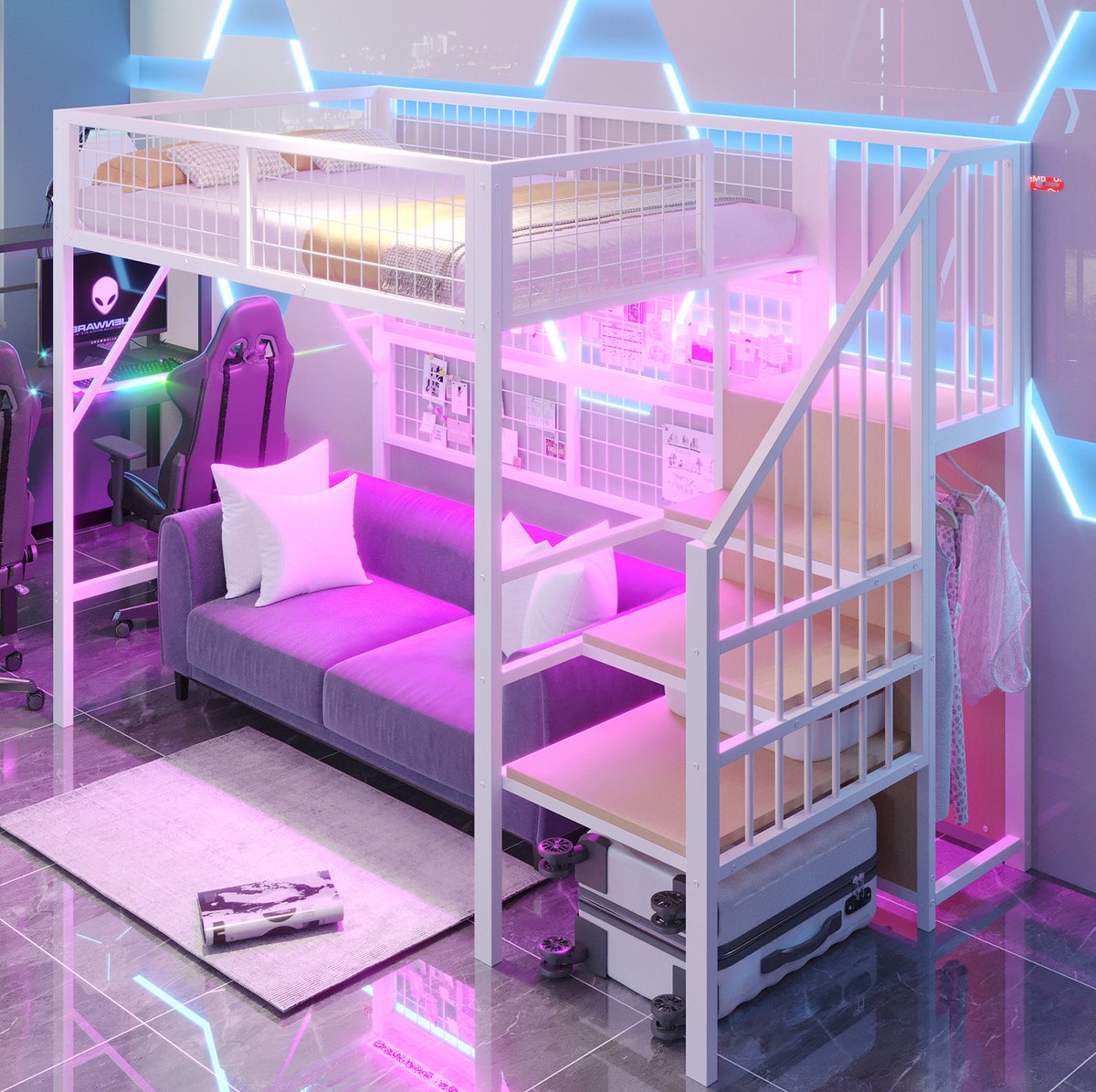 COVREO Hoogslaper met opbergtrap – 90x200 cm – Bedframe met LED-strip en kast – voor kleine kamers – Wit - zonder matras