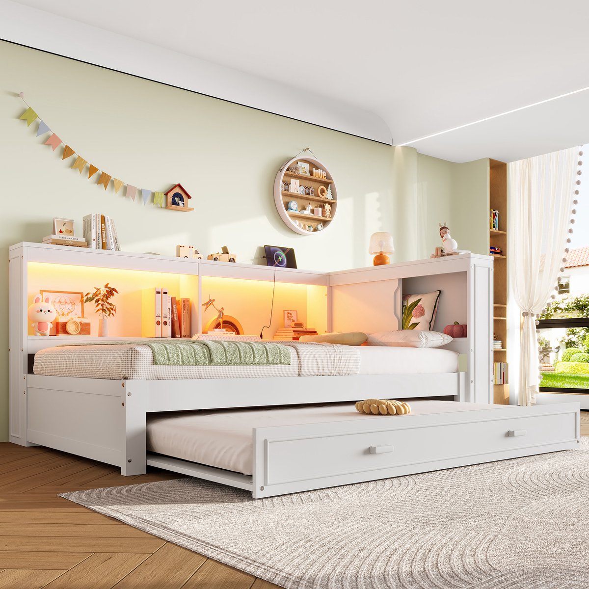 COVREO Slaapbank 90x200 cm wit, met led, uitziehbaar bed, zonder matras