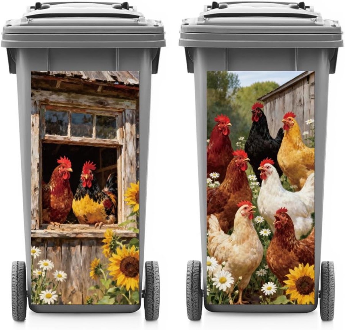 SnelShoppen - 2 Stuks Tuin Decoratie Stickers voor Vuilnisbakken - Waterdichte Boerderij en Kippen Motief - 37.8 x 82cm Zelfklevende Grote Sticker voo