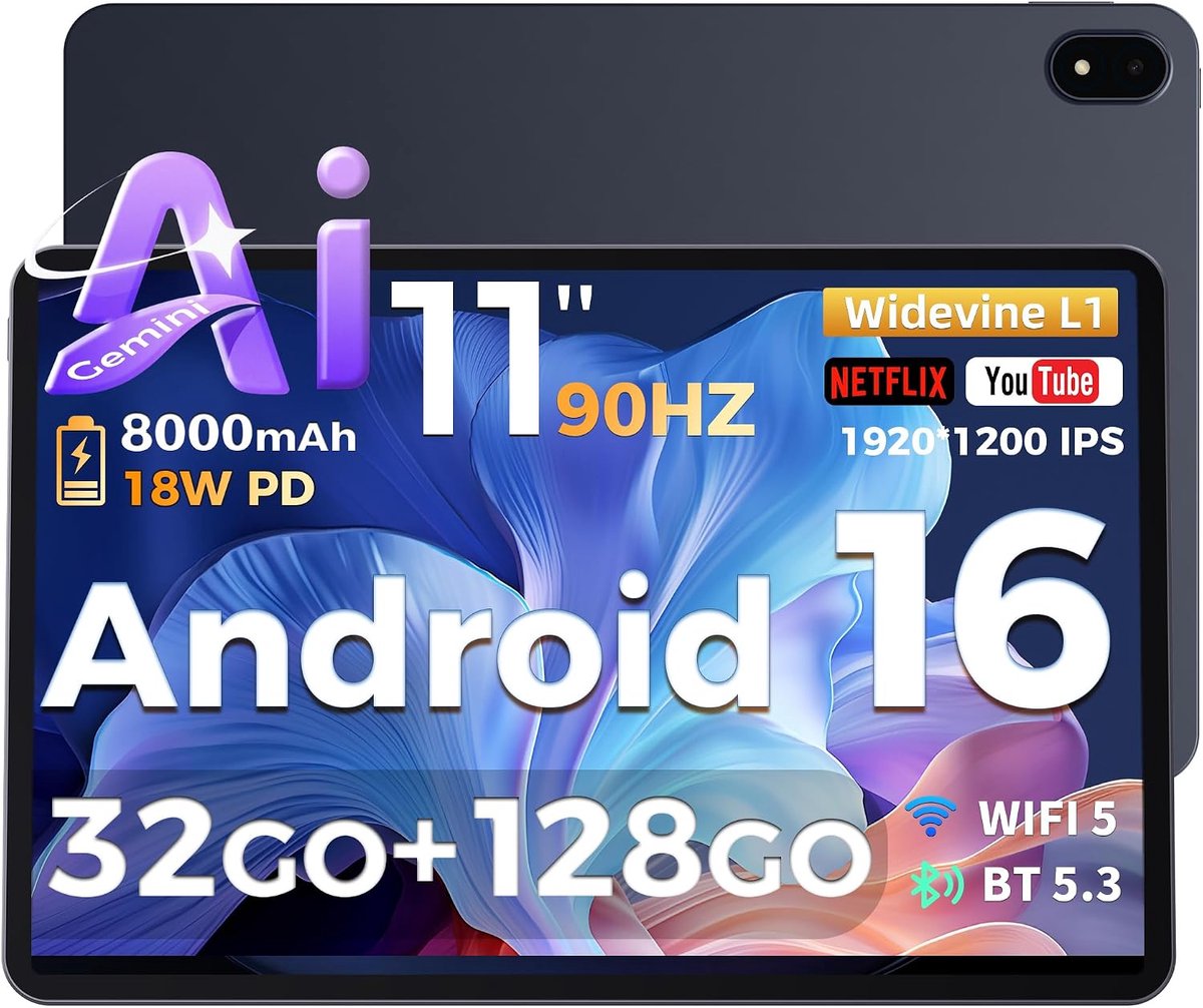 SnelShoppen - 2026 Tablet 11 Zoll Android 16 Tablet - 32GB RAM, 128GB ROM/1TB TF, 8000mAh Octa-Core, 1920x1200 IPS, 5+13MP Camera, Widevine L1, 18W Sn