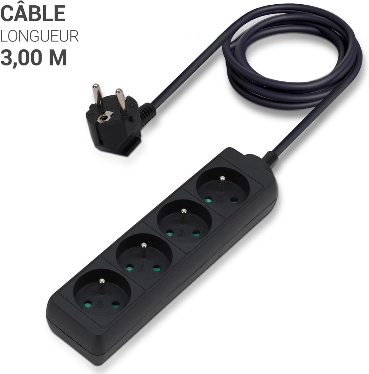 SnelShoppen - Set van 3 Stekkerdozen met 4 Stopcontacten, 16 A, Kindveilig, 3 m Kabel, Zwart, CE en NF Gecertificeerd voor Thuis en Kantoor