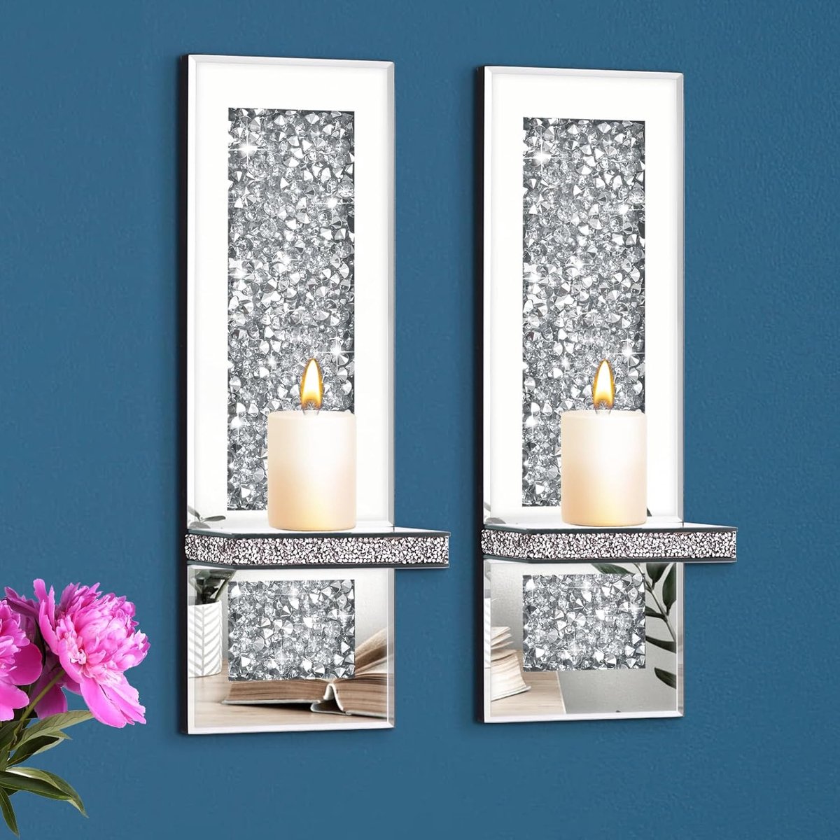 SnelShoppen - Set van 2 Zilveren Spiegels Kaarsenhouders, Crystal Kaarsenhouders met Acryl Diamanten, Luxe Woondecoratie voor Feesten en Thuis