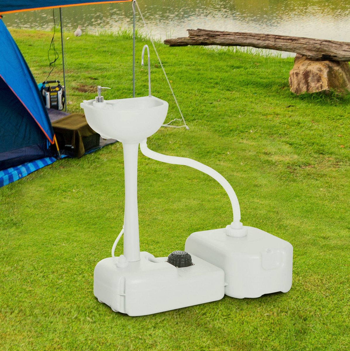 COVREO Camping wasbak 83x50x103 cm – 17L watertank, 24L afvalwatertank, HDPE, lichtgrijs