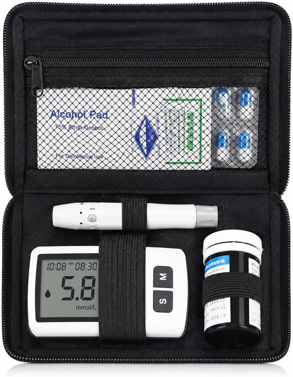 Diabetische etui 16 x 11,5 cm, compacte tas voor bloedsuikerlezer, insuline en benodigdheden met ritssluiting en riemen