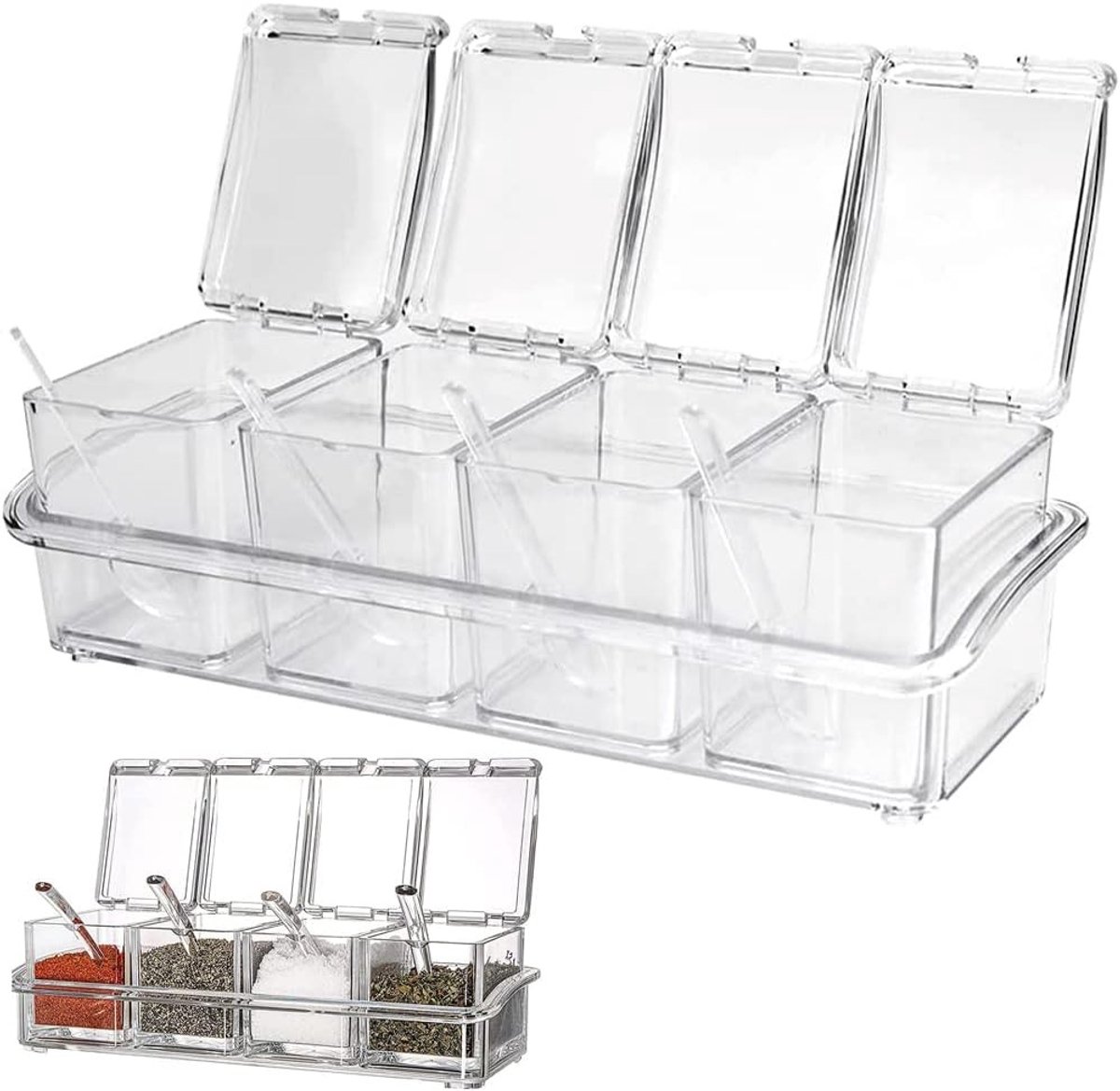 Complete 4-in-1 Keuken Kruidendoos Set met Afneembare Potjes, Deksel en Lepel voor Zout, Peper, Suiker en Specerijen