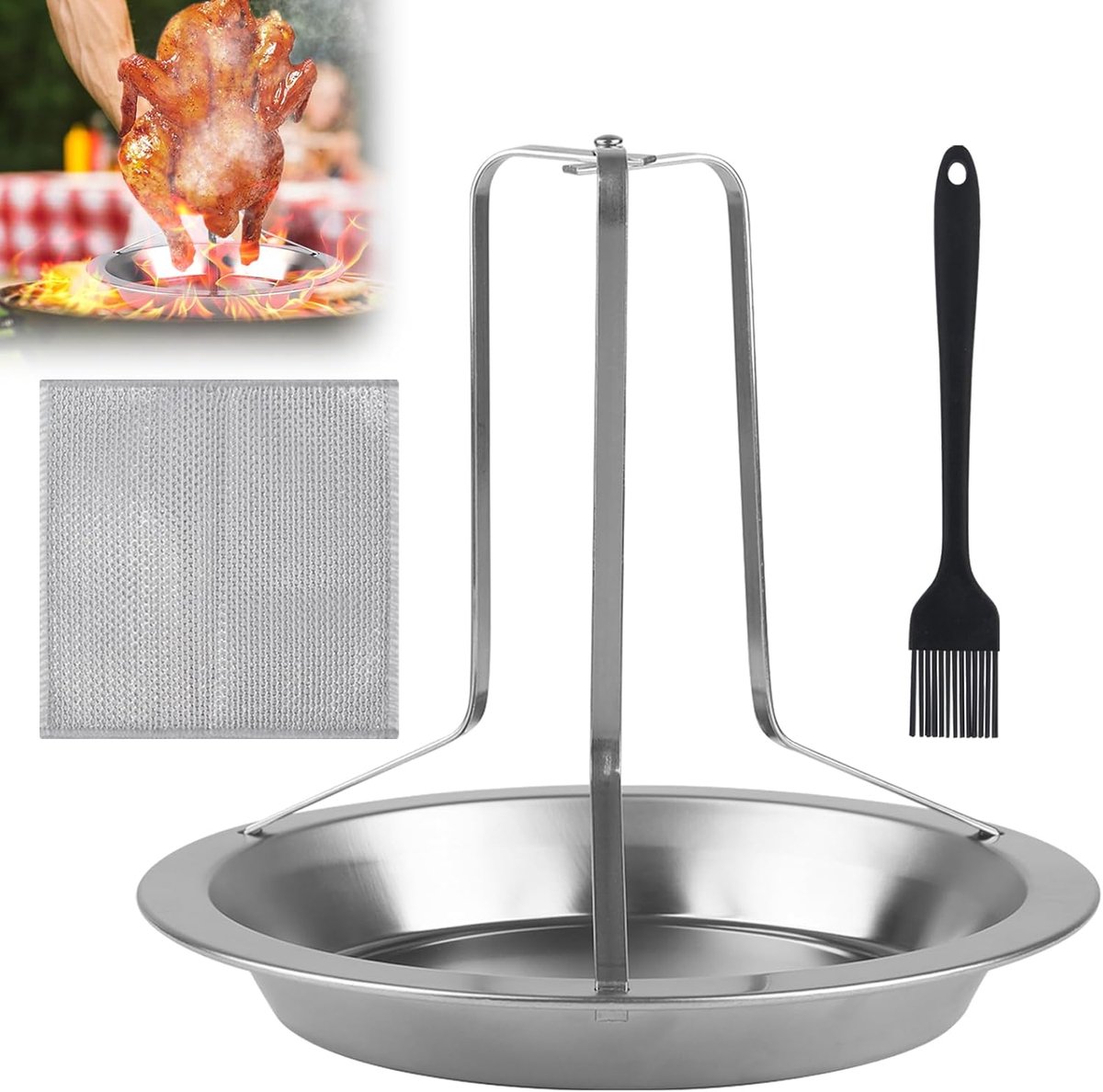 SnelShoppen - Roestvrijstalen Verticale Kiphouder voor Grillen, 1-Piece Kippenbraden met Olieborstel en Schoonmaakdoek voor Oven, Camping en Tuin