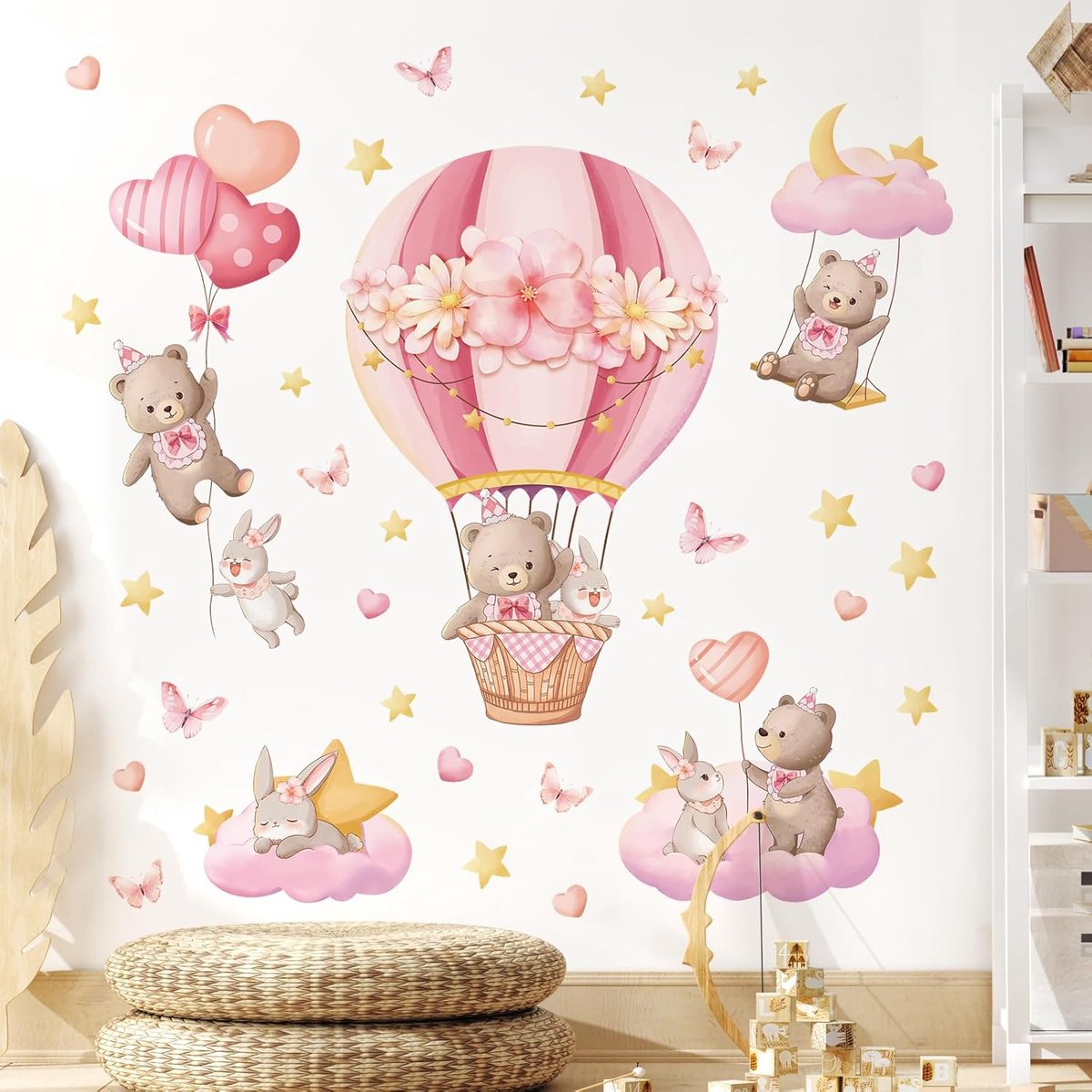SnelShoppen - Schattige Roze Ballon Muurstickers voor Kinderen - Cartoon Beer, Konijn, Sterren en Harten - Peel and Stick Wanddecoratie voor Meisjes S
