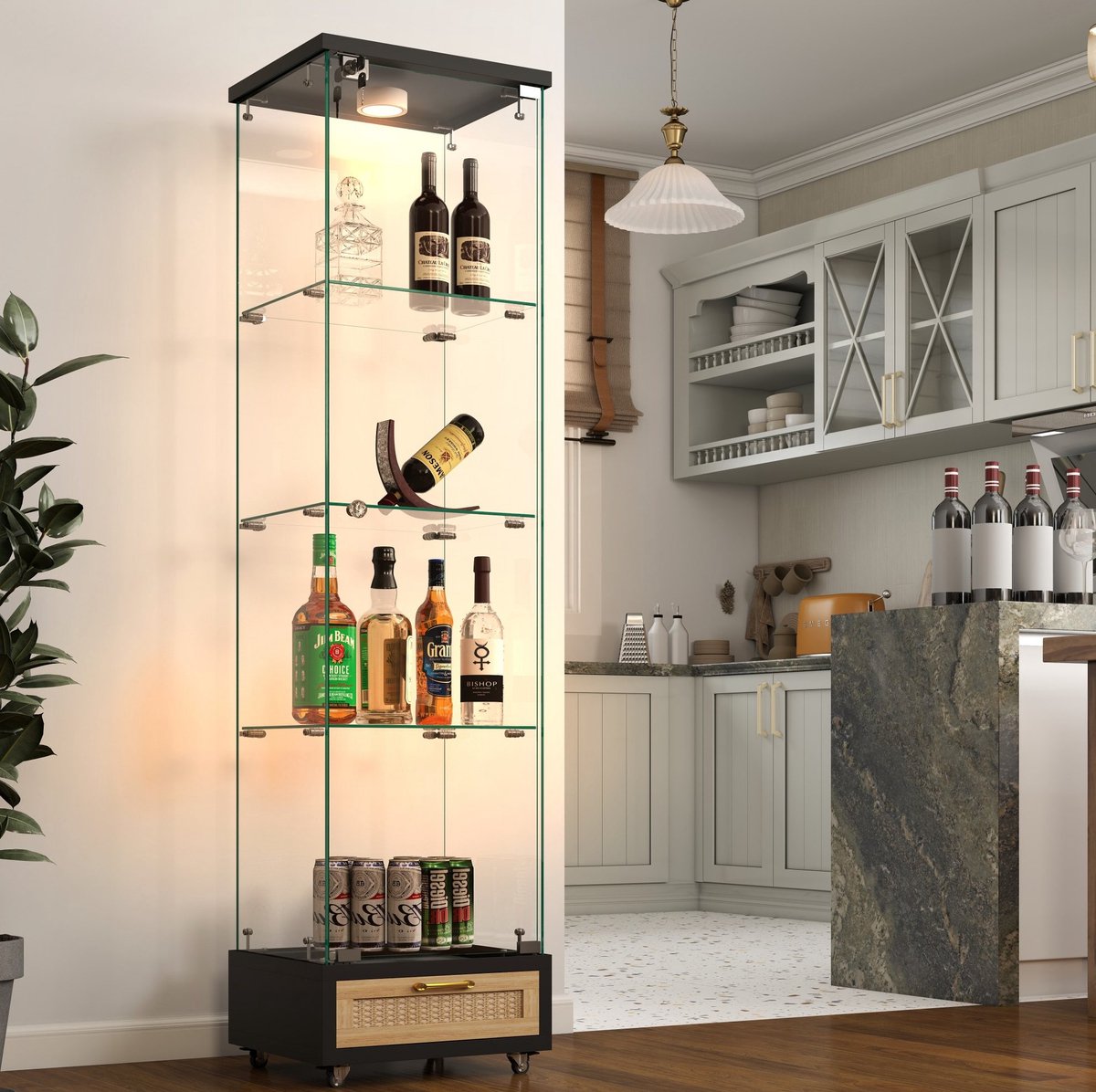COVREO Boekenkast 42,5 x 37 x 167,5 cm – zwart, MDF en glas, met lade en LED-verlichting