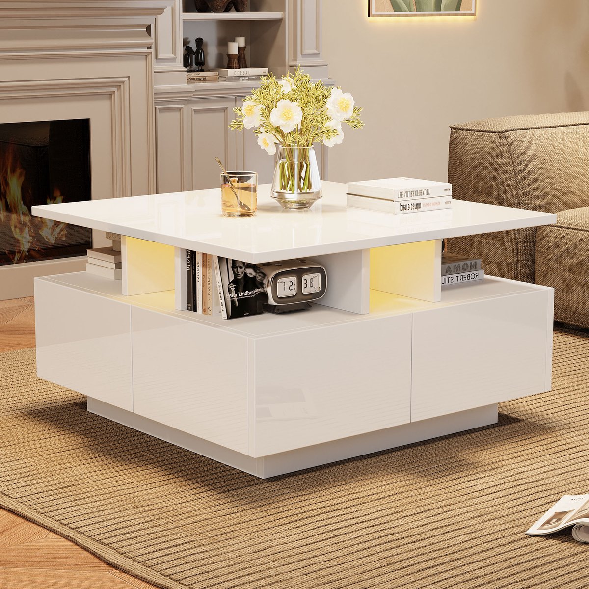 COVREO Salontafel 70x70x40 cm – wit, hoogglans, LED-verlichting en 4 lades
