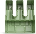 Onderkant van olijfgroene plantenbak met drie vakken en bevestigingsuitsparing.