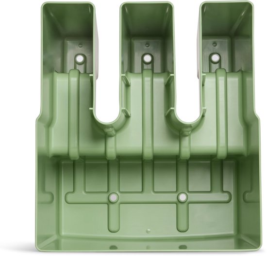 Onderkant van olijfgroene plantenbak met drie vakken en bevestigingsuitsparing.