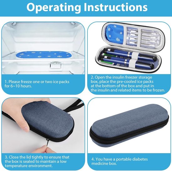 Insuline Koeltasje - 20 x 7 x 5 cm - Diabetes Reisetui met 2 Koelelementen - Schokbestendige Medicijnen Koeltas voor 2 Insulinepennen - Insuline Etui - Draagbare - Blauwgrijs — afbeelding 5