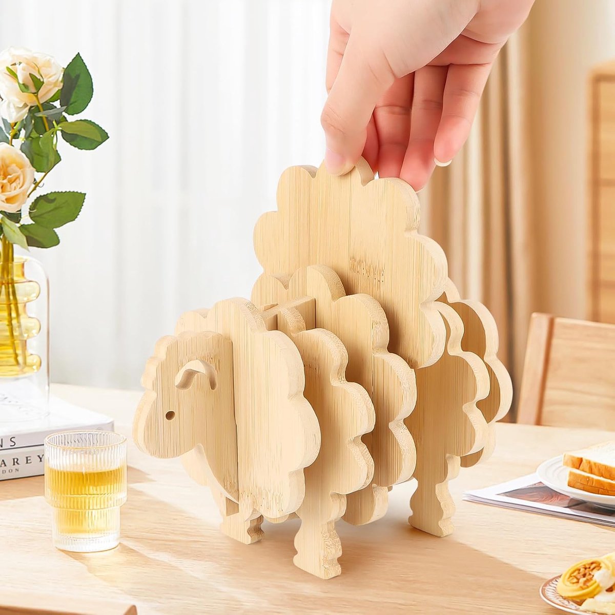 SnelShoppen - 7 Sets Houten Coasters Schapen, Onderzetters voor Glazen, Dranken, Mokken, Kinderen, Feest, Decoratie met Houder - Speelse Tafelaccessoi