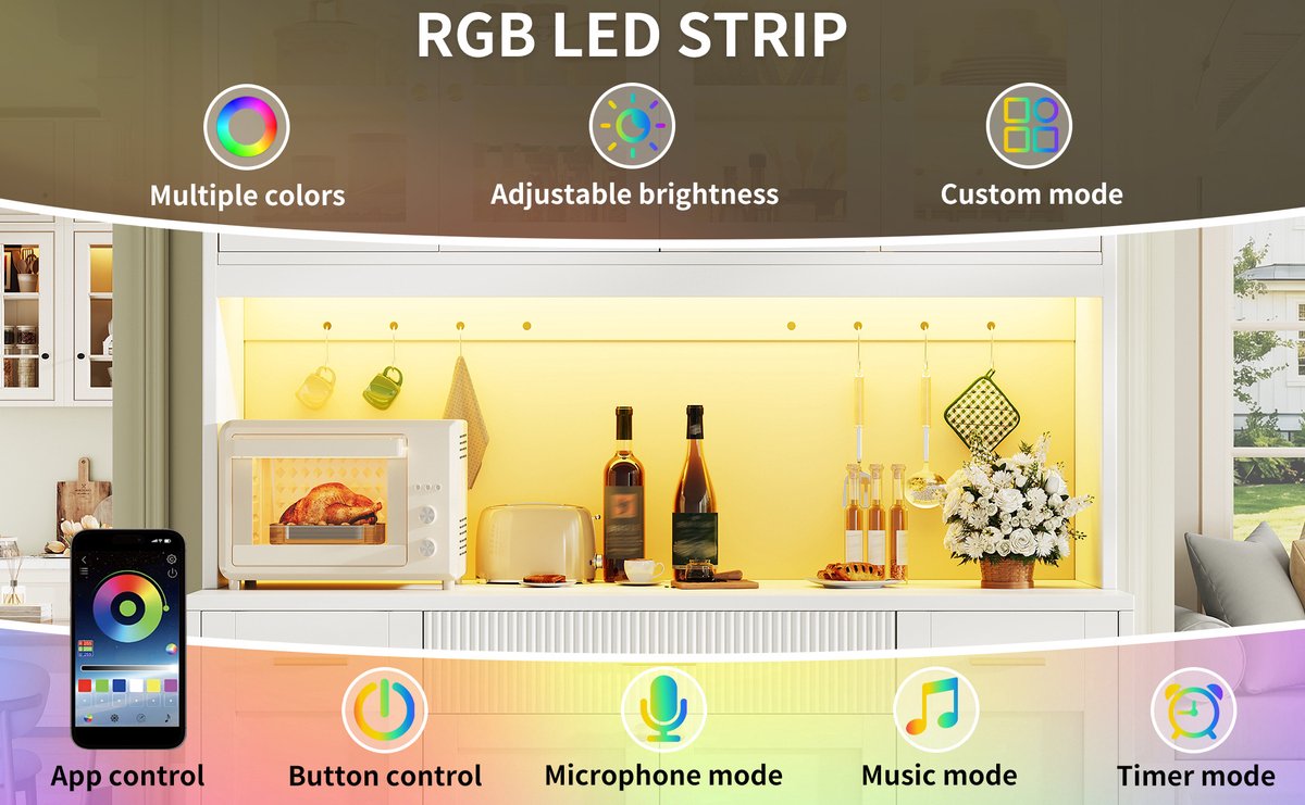 OKWISH Keukenkast – RGB Led-Verlichting Met Appbediening – 3 Glasvitrines En Uitschuifbare Zijplanken – MDF Wit – 120x40x187 Cm