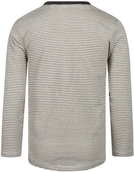 Lichtgrijs gestreept longsleeve T-shirt met donkergrijs boord. De achterkant is ook gestreept.