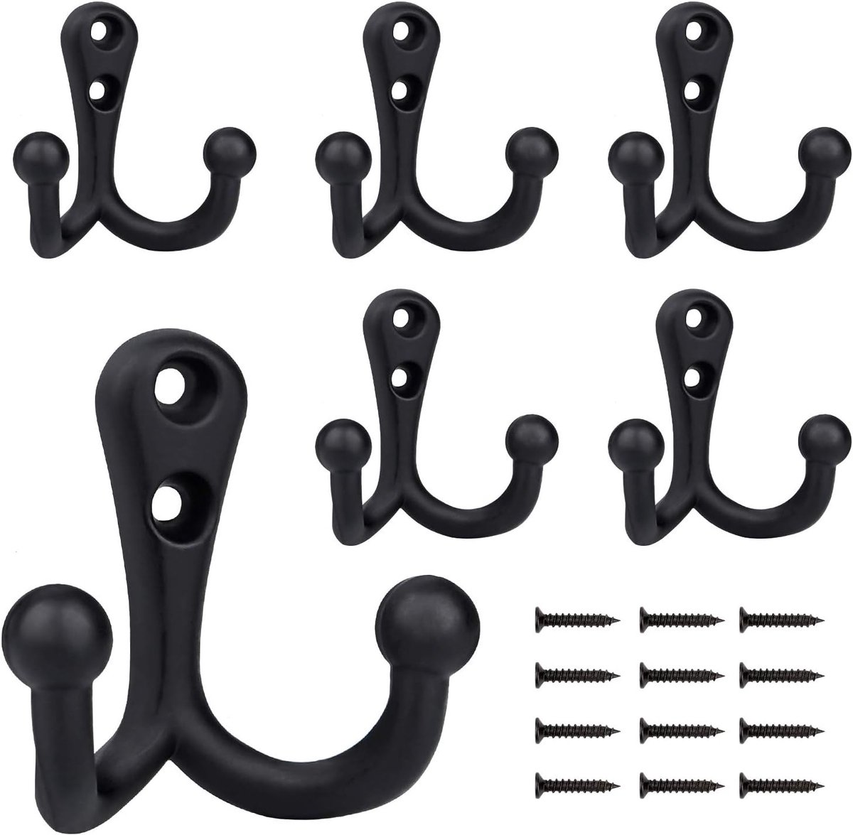 SnelShoppen - Zware Dubbele Wandhaak - Retro Coat Hooks met 12 RVS Schroeven - Ideaal voor Jas, Sjaal, Tas, Handdoek, Sleutels, Muts - Zwart (6 Stuks)