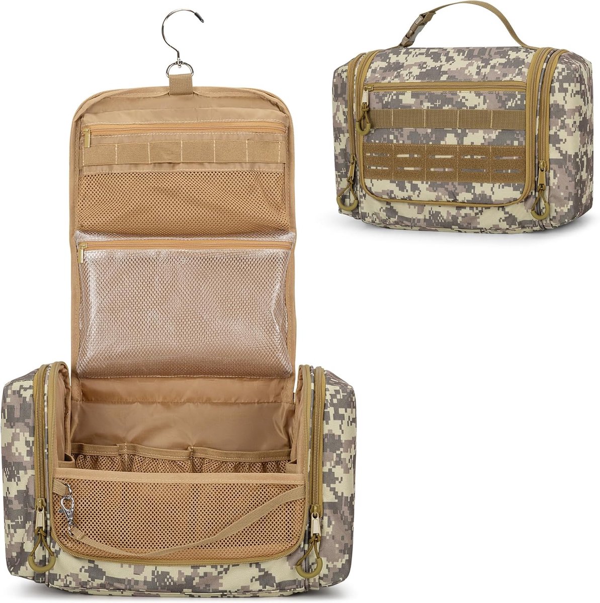 SnelShoppen - Tactical Toiletry Bag - Hangende Dopp Kit voor Mannen - Hygiëne Organizer met Haak - Camouflage Bruin - Ruimte voor Toiletten en Scheerp