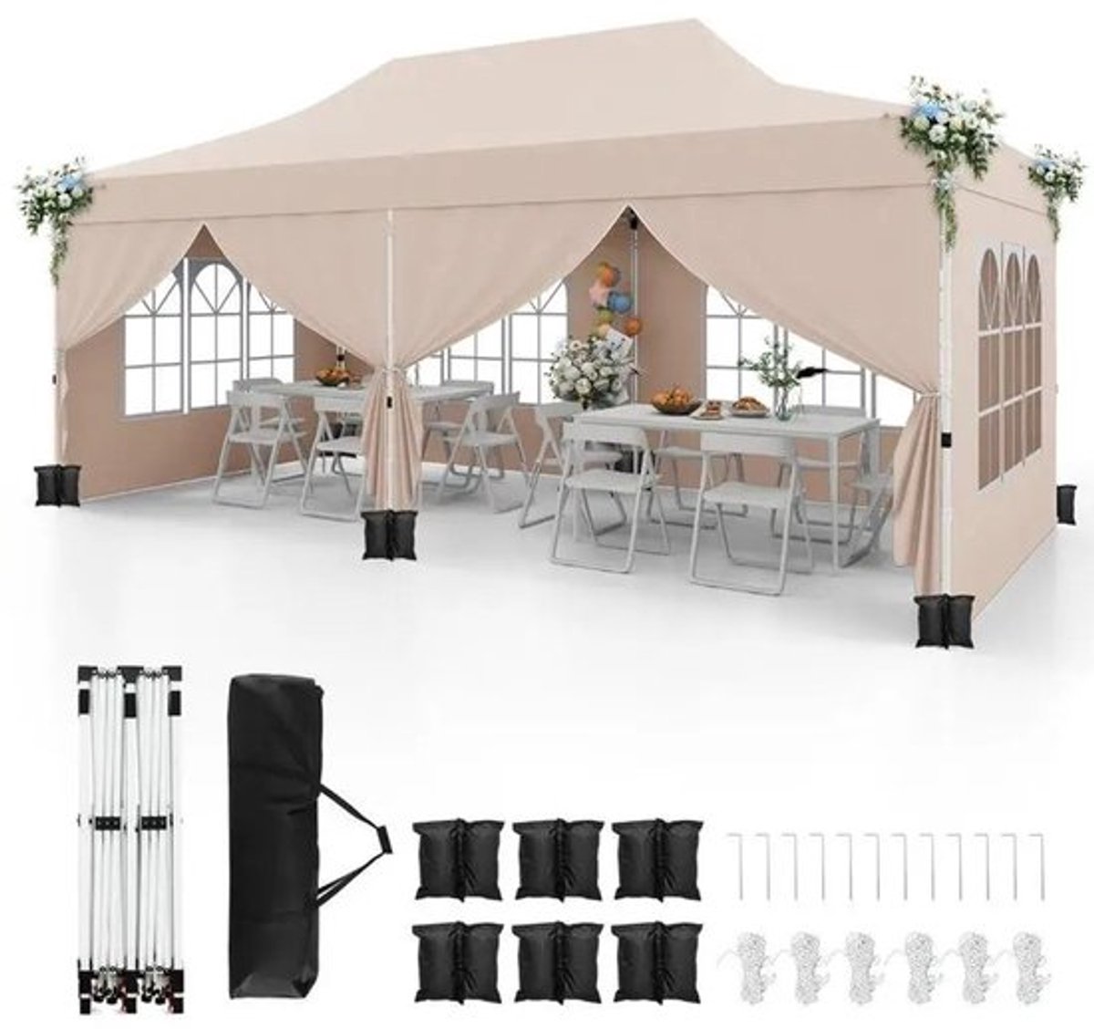 Pop-up partytent met 6 zijwanden en ritsdeuren, draagbare instant party- en picknicktent 3 x 6m beige