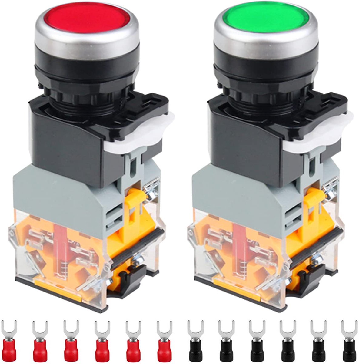 SnelShoppen - 2Pcs 24V 22mm Momentary Push Button Switch 10A met LED Indicator Licht, Rood/Groen, Voor DIY Projecten, 12 Fork Terminals Inbegrepen