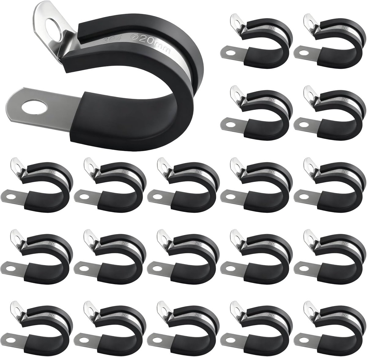 SnelShoppen - 20 Stuks R-vormige RVS Slangenklemmen met Rubber Lining, Roestvrijstalen Pijpklemmen, Kabelclips voor Slangen, Buizen, Kabels en Draad