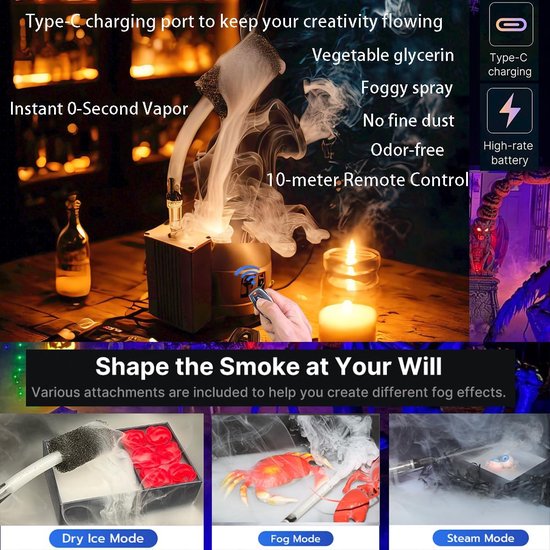 SnelShoppen - Handheld Smoke Machine, Draadloze Rookmachine, Accu Aangedreven Fog Machine voor DJ, Feest, Disco, Bruiloft, Halloween, Jet Black