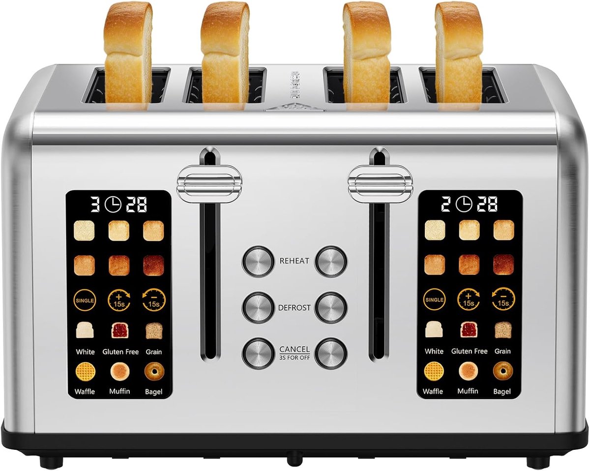 SnelShoppen - 4-slice toaster met LED touch screen, roestvrij staal, lange sleuf, 2 onafhankelijke temperatuurzones, 6 bruiningsniveaus en 6 broodgele