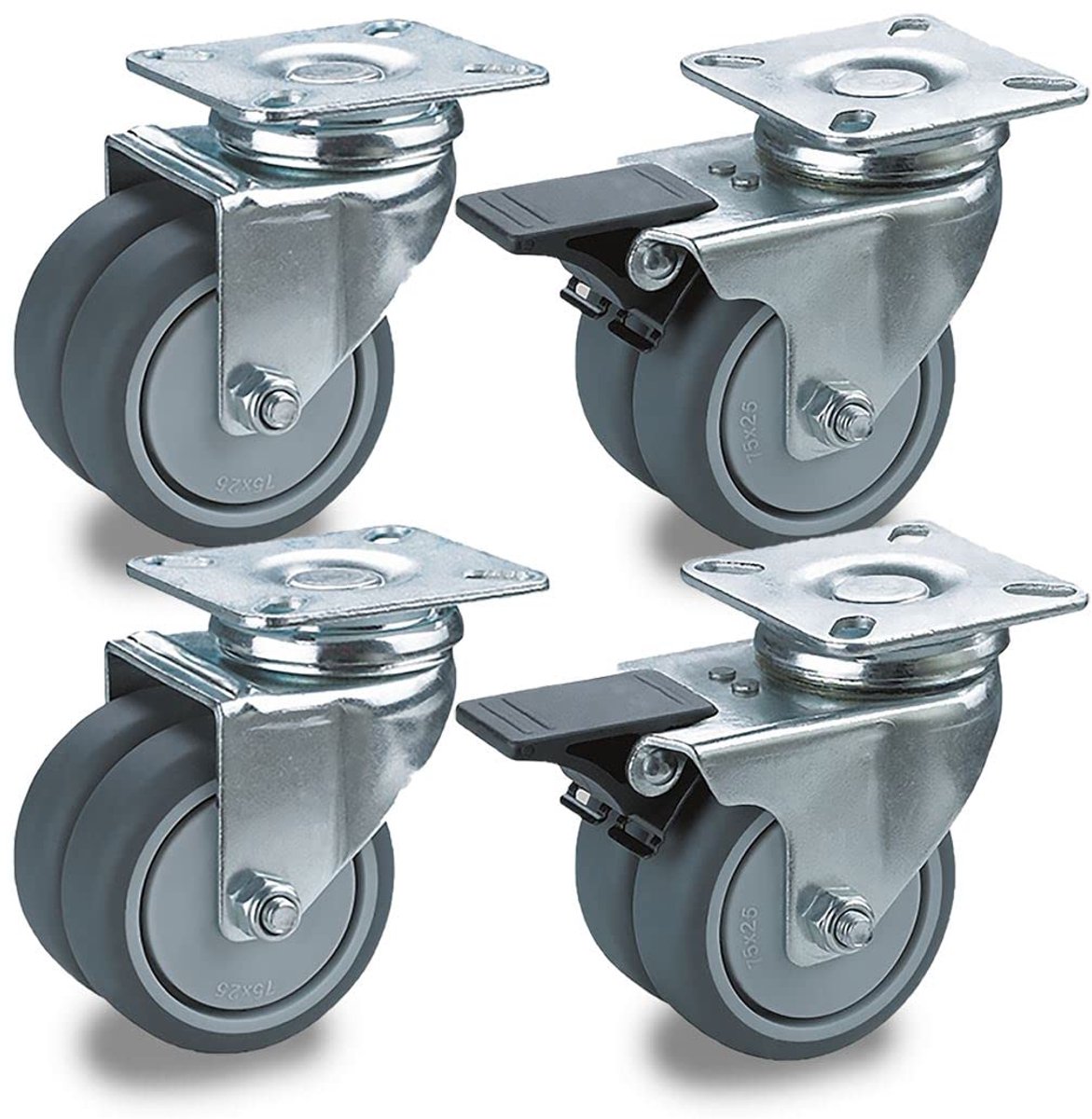 SnelShoppen - 50mm Set van 4 Dubbele Zwenkwielen met Plaatmontage - TPR Rubber, 2 Remmen, 2 Handvatten, Kogelgelagerd, Dubbele Wielen - Ideaal voor Me