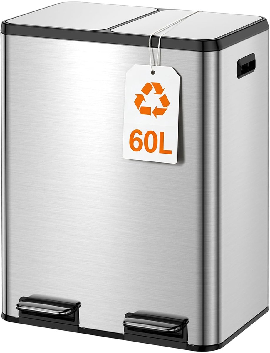 SnelShoppen - YEAUPE PRO Prullenbak Keuken 60L RVS, 2x30L Dubbele Pedaalemmer voor Afvalscheiding met Soft Close Deksel, Uitneembare Binnenemmers, Inc