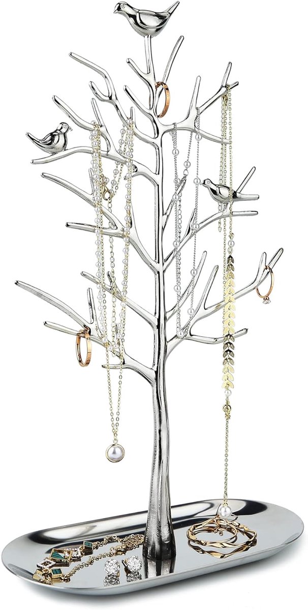 SnelShoppen - Branch Jewelry Rack met Metalen Tray, Luxe Kleur, Boom Vorm, Hanger Organizer voor Ringen, Oorbellen, Kettingen en Armbanden, Geschikt v