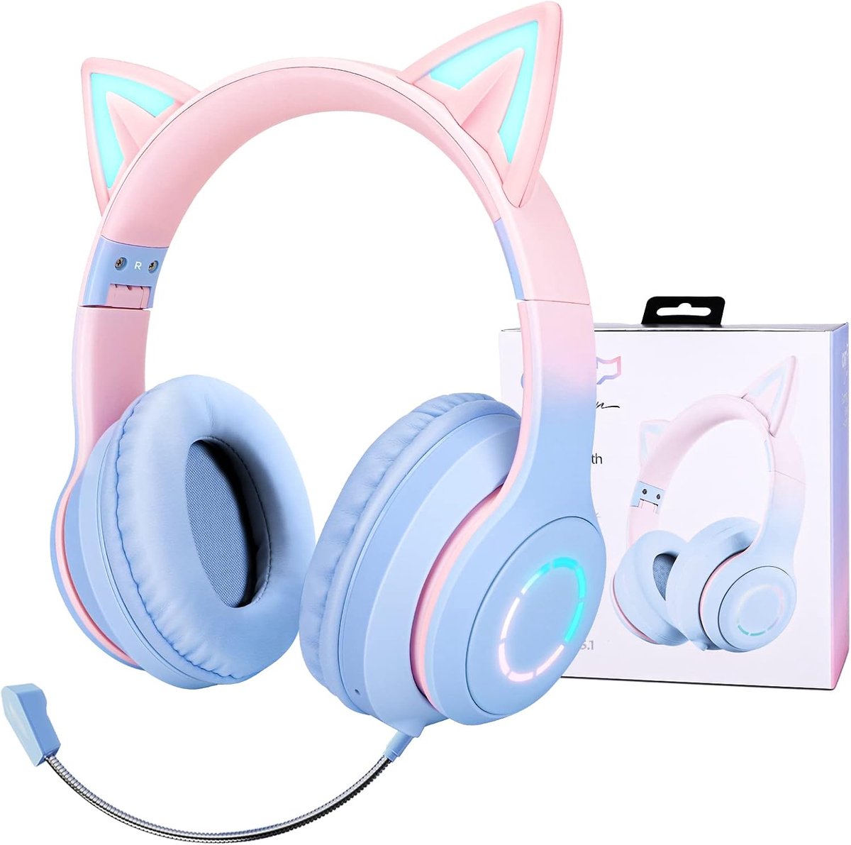 SnelShoppen - Draadloze Kinderoorkoppen met LED Licht en Kattenoren, Bluetooth Hoofdtelefoon voor Kinderen, Afneembare Microfoon met Geluidsisolatie,