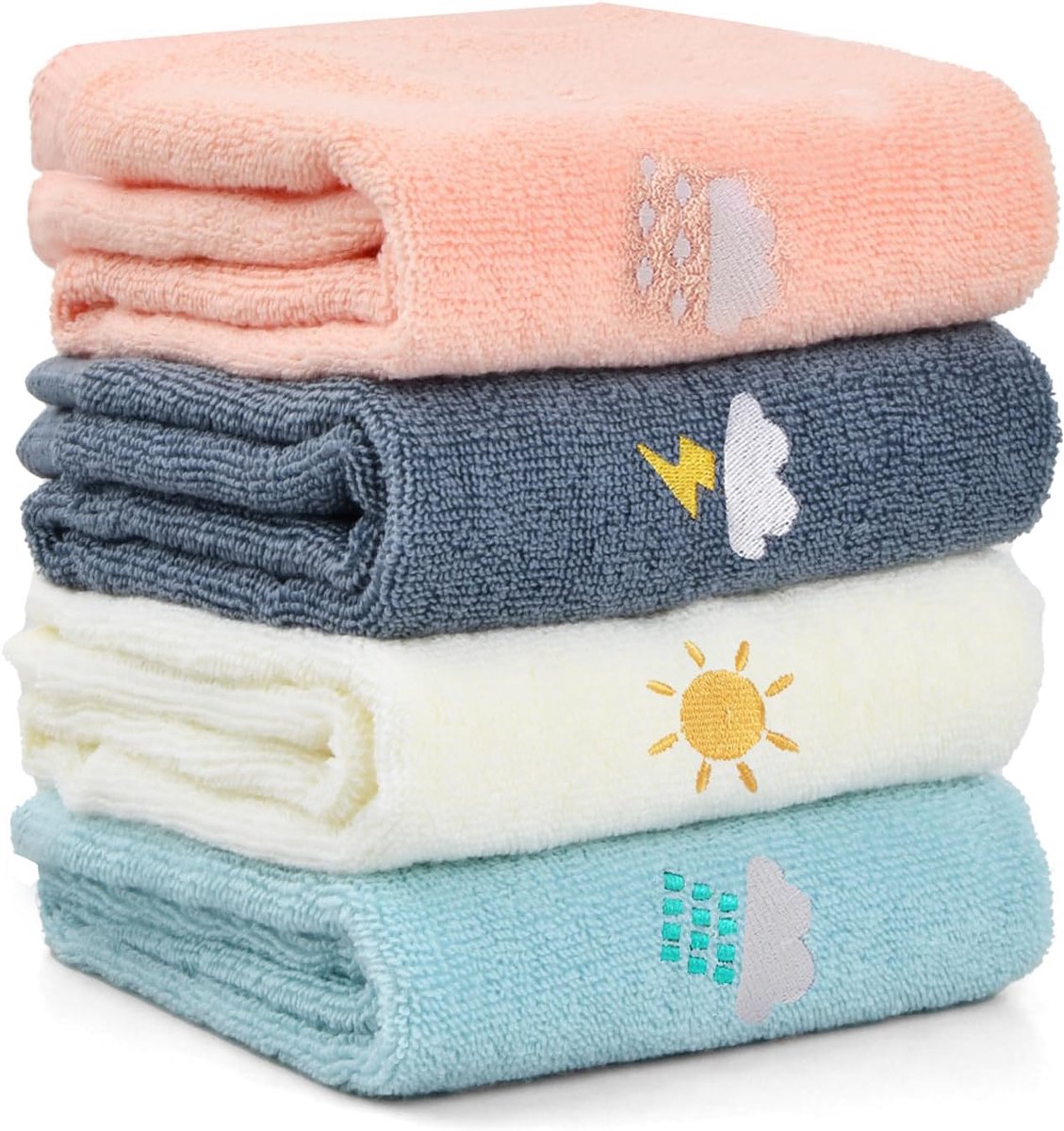 SnelShoppen - 4 Stuks Kindertowels Gezichtsdoekjes Set Katoenen Handdoeken Schattige Borduursels 25x50 cm Kleurrijk voor Kinderen Persoonlijke Hygiëne