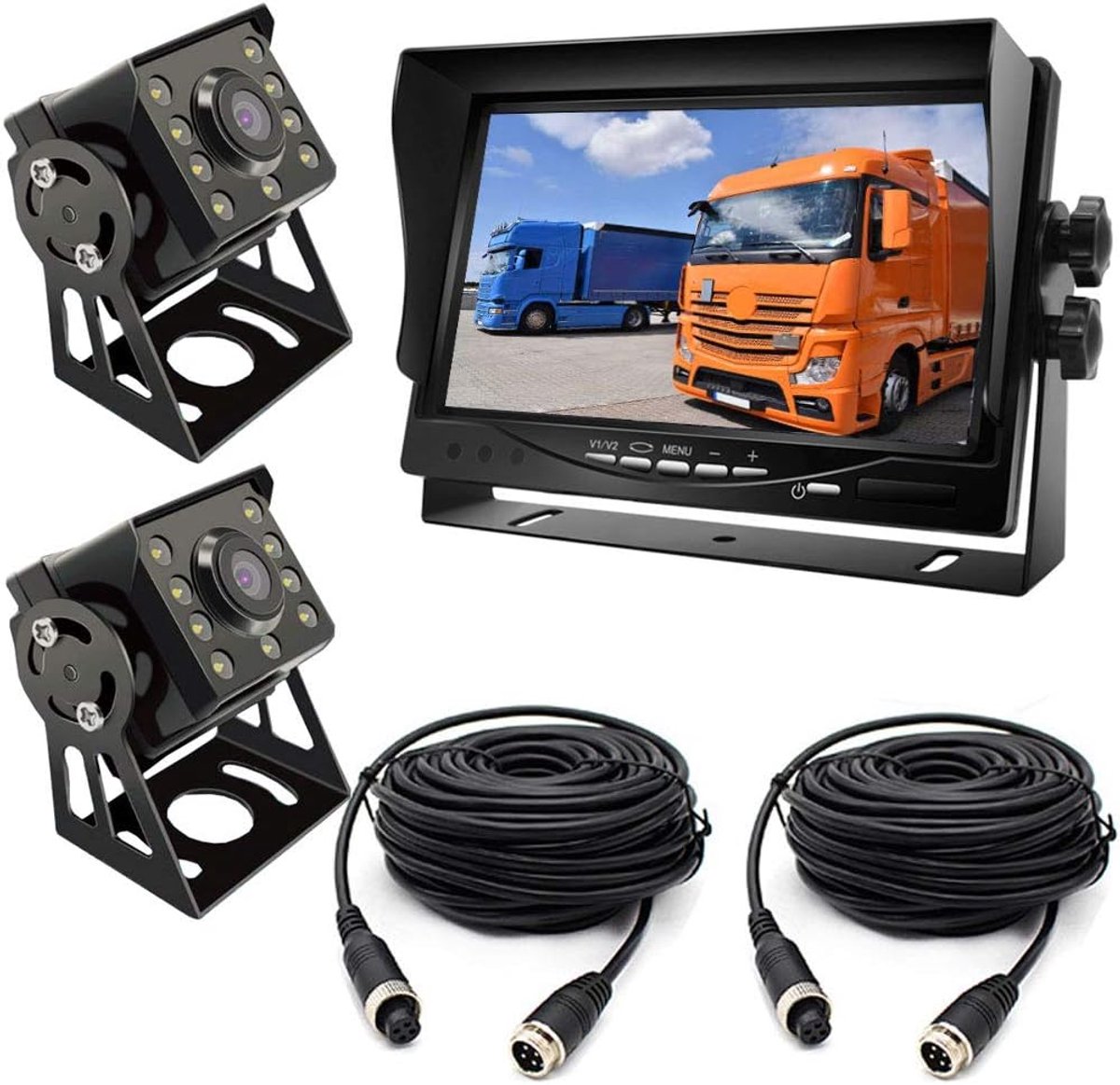 SnelShoppen - 2 x 8 LED Achteruitrijcamera met 120° Hoek, Waterdicht, Inclusief 7-inch LCD Monitor en 15M Kabel voor Bus/Truck/Trailer/Motorhome