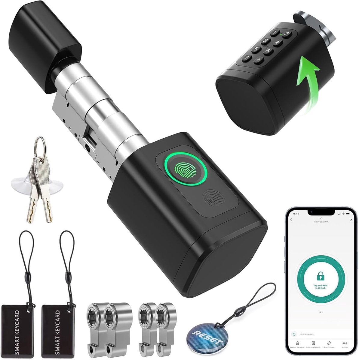 SnelShoppen - Fingerprint Smart Lock Elektronisch Deurslot voor Thuis, Instelbare Cilinder 60–90mm, Vingerafdruk Ontgrendeling, Wachtwoord, RFID, App,
