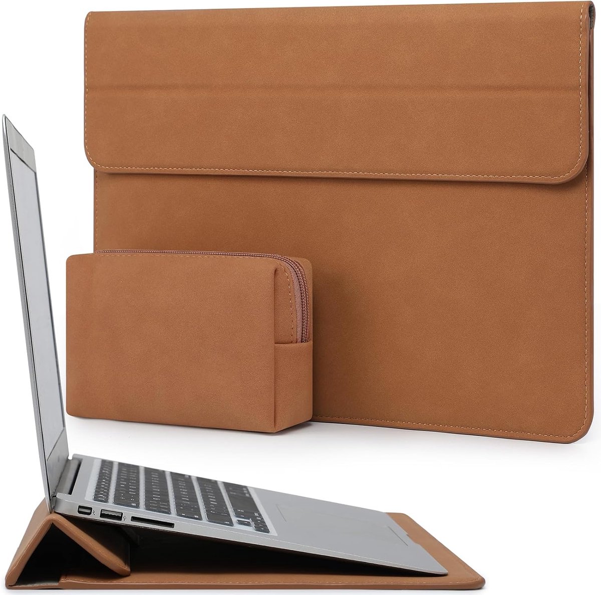 SnelShoppen - 15 Inch Laptop Sleeve met Stand voor MacBook Air & Surface Laptop - Bruin - Waterafstotend Materiaal - Geschikt voor 15" en Slimme 14" L