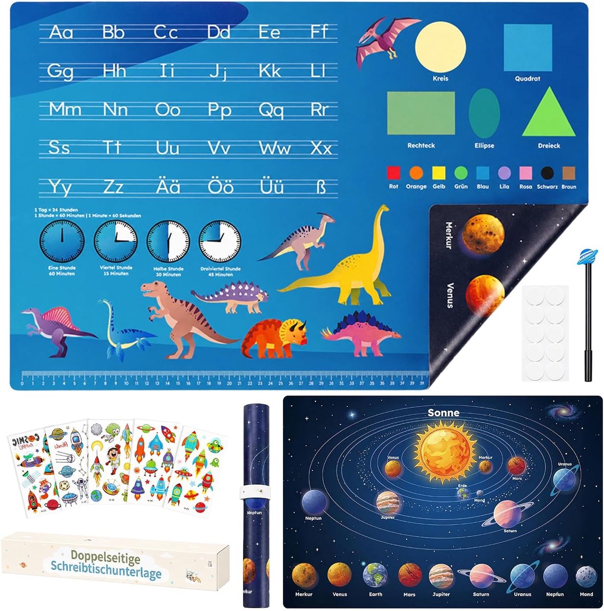 SnelShoppen - Bureauonderlegger voor Kinderen Dubbelzijdig 60 x 40 cm, Ruimte, ABC, Geometrie, Dinosaurus, Antislip, Waterafstotend, Krasbestendig PVC