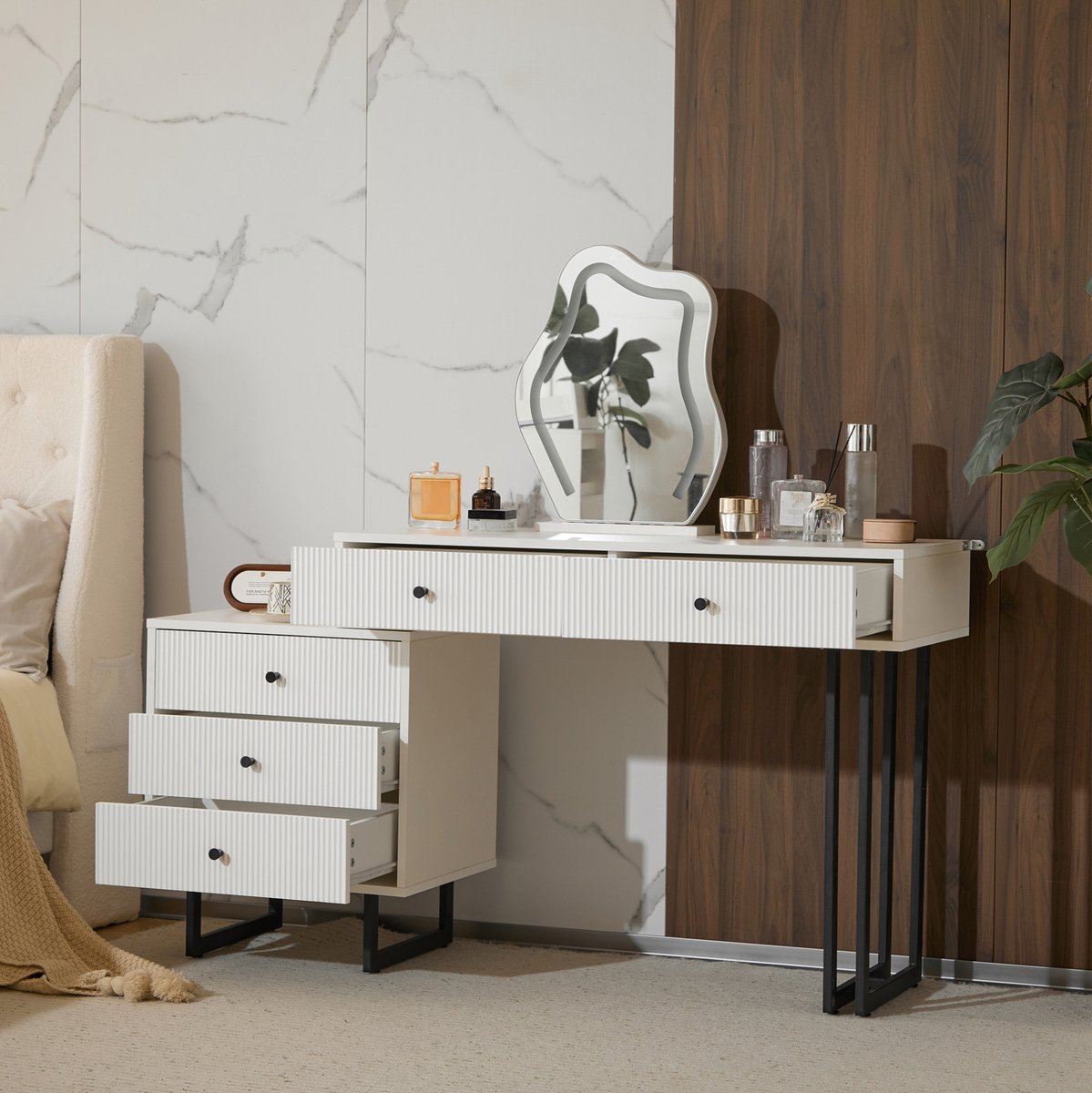 COVREO Kaptafel 100 x 40 x 76 cm – wit, met spiegel, 3-kleuren LED-verlichting en 5 lades