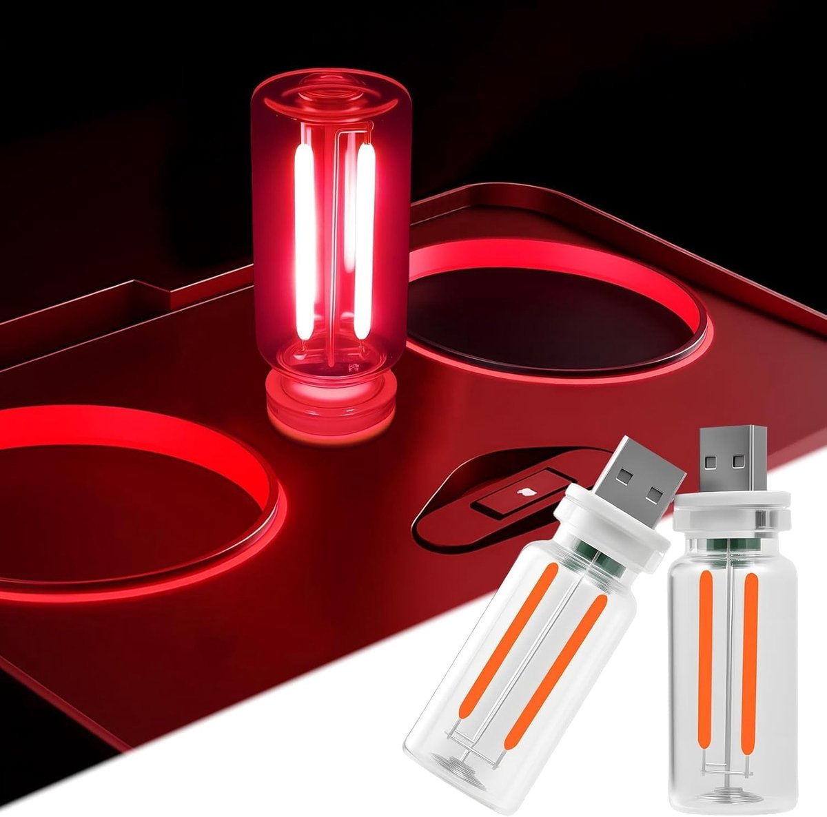 SnelShoppen - 2 x Retro USB LED Auto Lampen - Rood - Aanraakbediening en Oneindig Dimbaar - Mini LED Verlichting voor Auto, Camping, Slaapkamer, Burea
