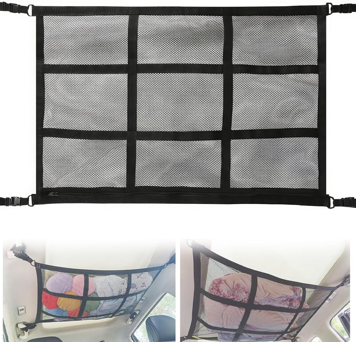 SnelShoppen - 1pcs Auto Dakkoffer Zip Cargo Net, Dubbel Laags Mesh, Auto Plafond Bagage Compartment, Net Bag, Auto Haak Pocket Houder Net, Auto Stretc