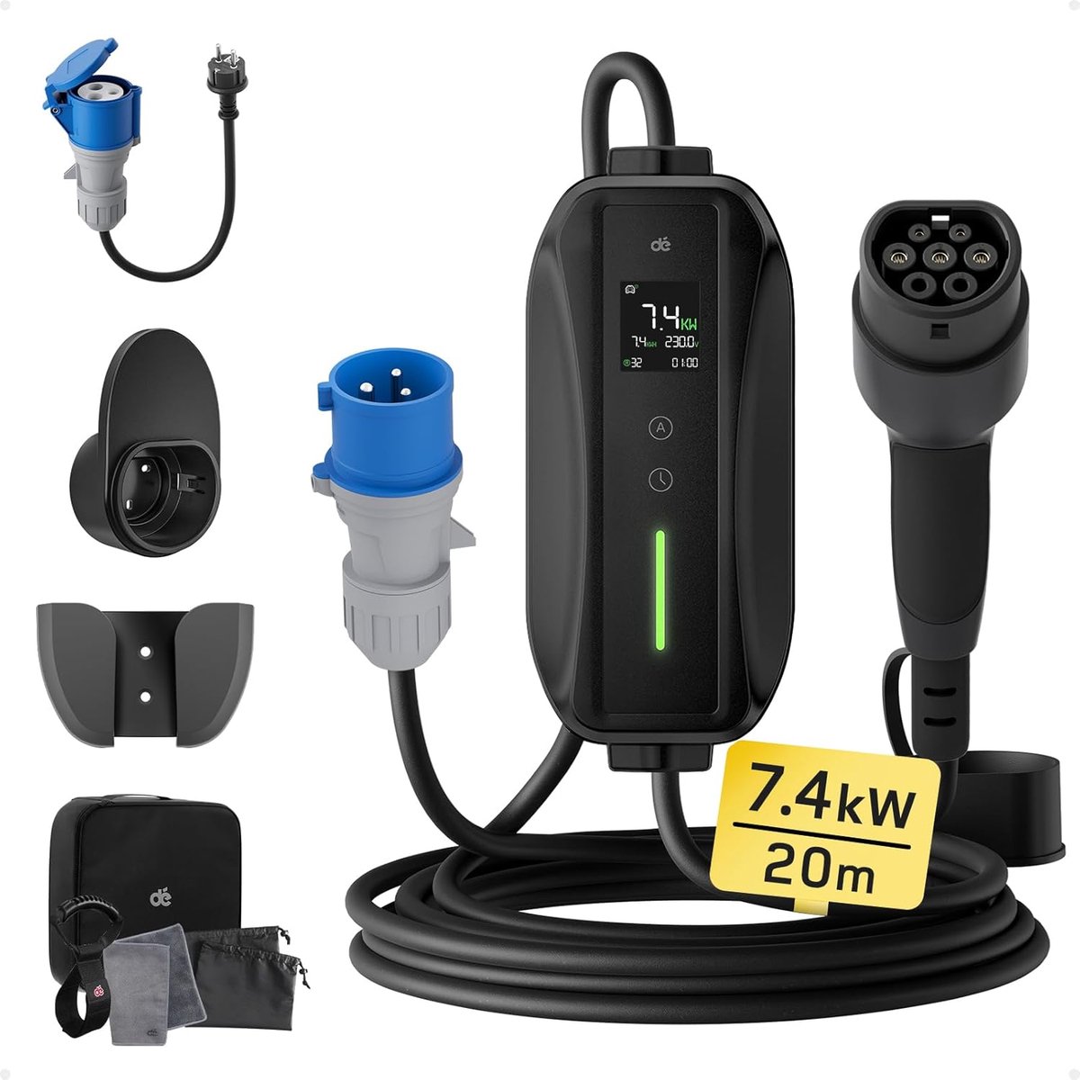 SnelShoppen - EV Charger Type 2 7,4kW CEE 1-Phase met Schuko Adapter | Snelle Laadoplossing voor Thuis en Onderweg | Geschikt voor Model Y/3, 500e, e-