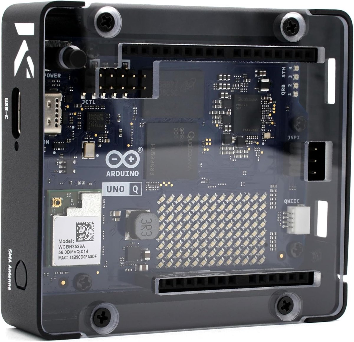 SnelShoppen - KKSB Case voor Arduino Uno Q - Zwart Aluminium en Staal Behuizing met Transparante Polycarbonaat Deksel voor Monitoring en Debugging, Id