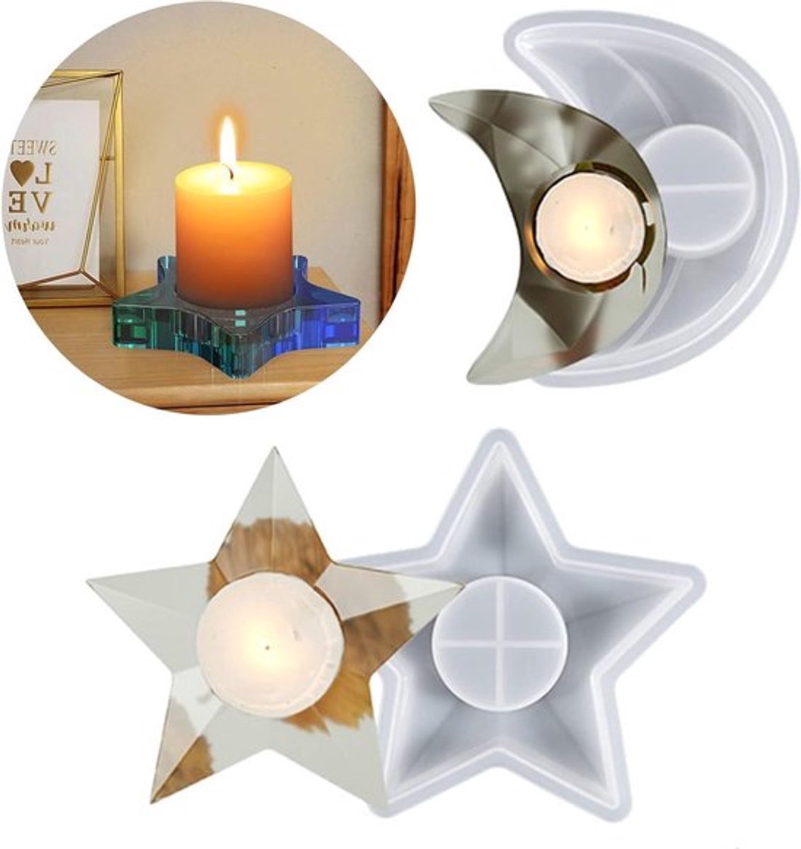Siliconen Vormen voor Kandelaars - Set van 2 stuks - Pentagram en Maan design voor Kandelaar, Cement, Epoxyhars - DIY Kaarshouder en Sieraden Maken - Knutselen met Hars Vormen