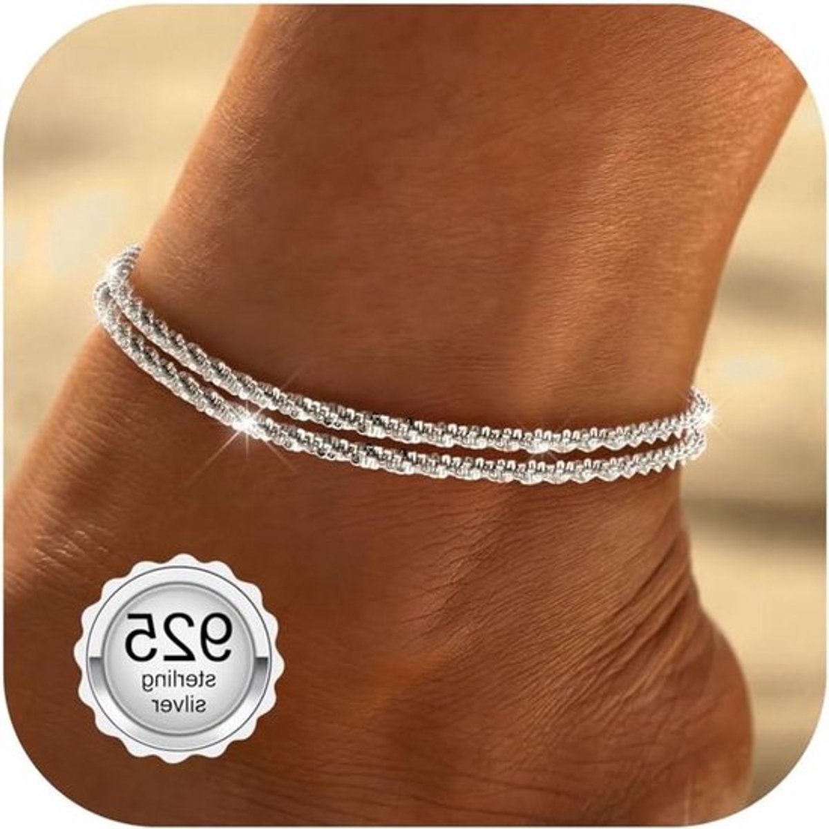 Verstelbaar enkelbandje van 925 sterling zilver voor dames en meisjes - Waterdicht strandsieraad met zilveren accenten