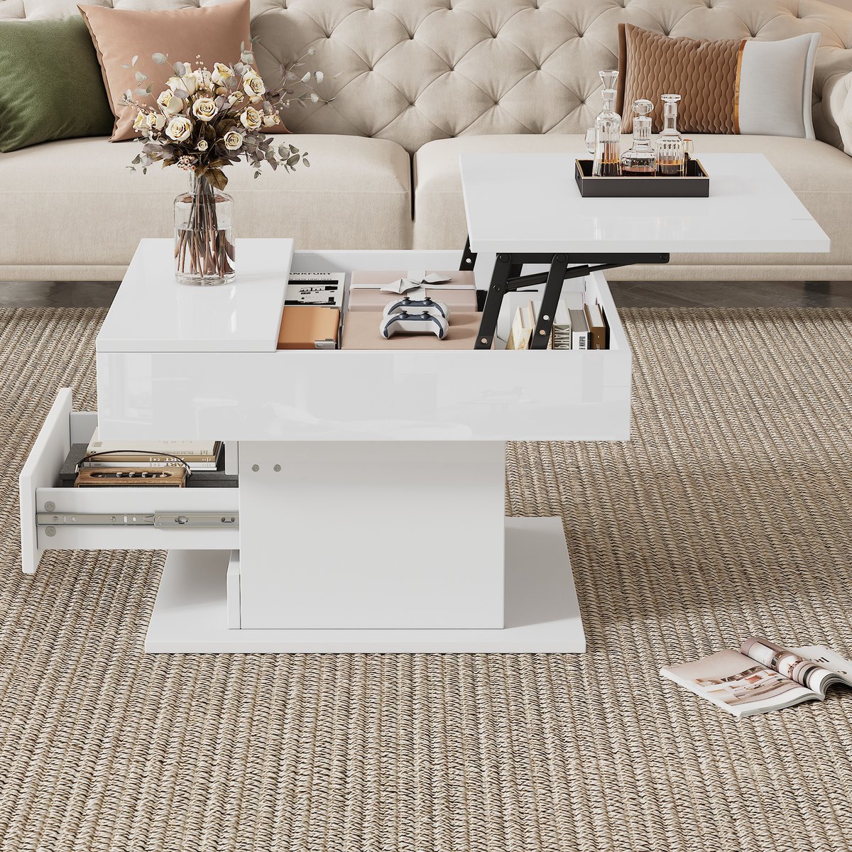 COVREO Salontafel 70 x 70 x 45 cm wit hoogglans, 1 lade en opbergruimte
