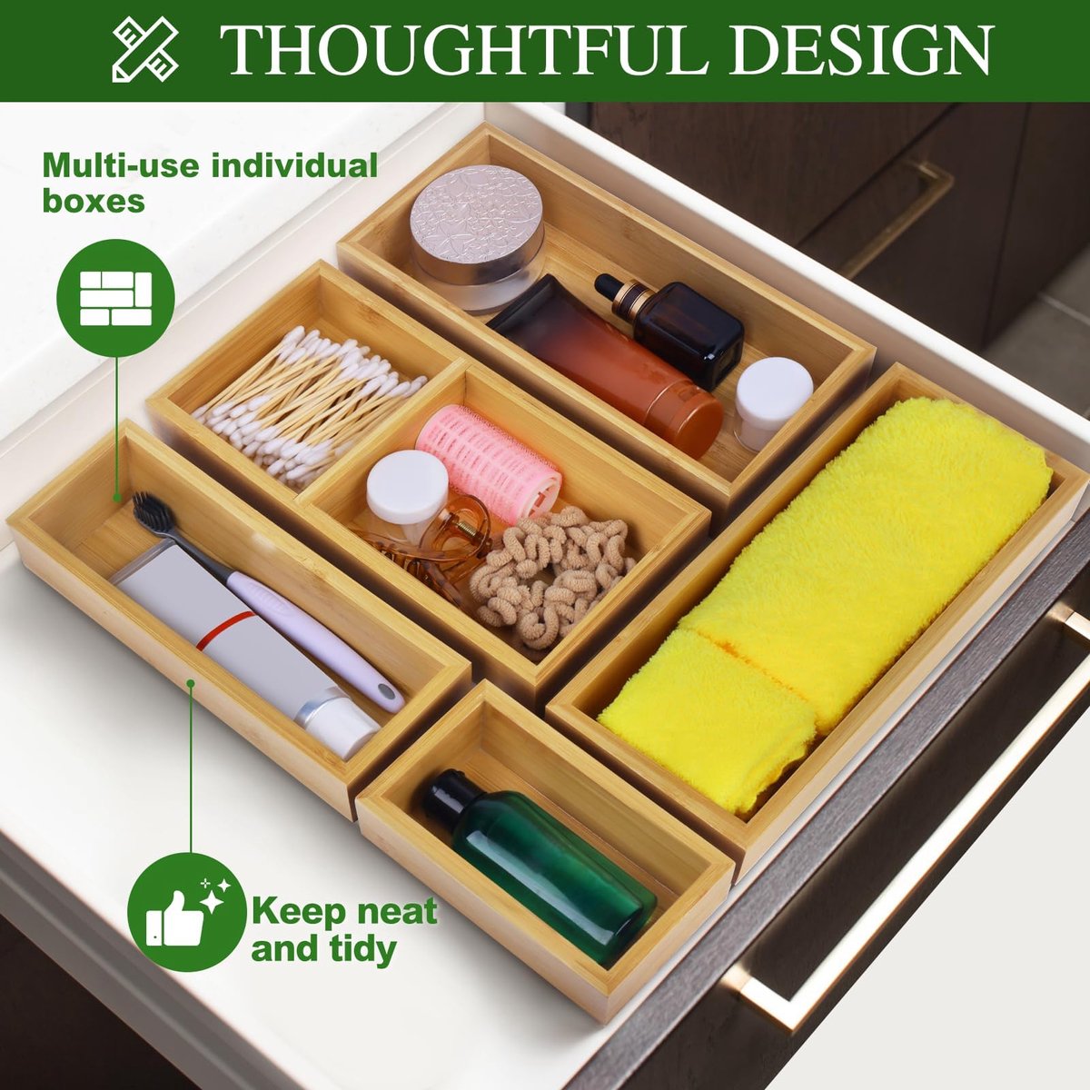 SnelShoppen - Bamboe Lade-organizer Set 5-delig - Multi-functionele Houten Opberg-organizers voor Keuken, Badkamer, Bureau, Make-up en Sieraden - Lade — cadeau in Cadeau-ideeën - foto 2